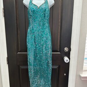 Teal Backless Sequin Evening Gown